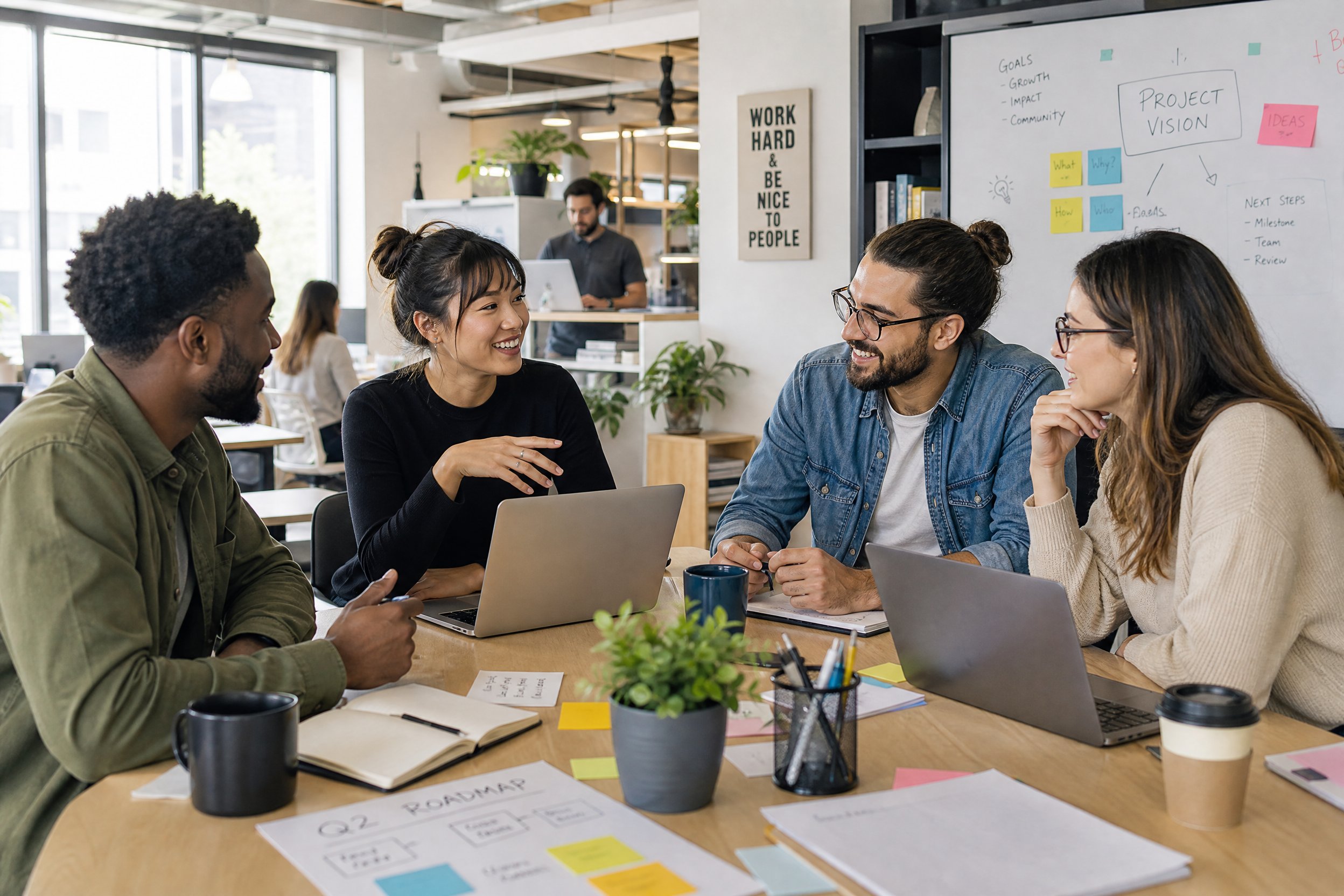 A multiethnic work team casually discussing in an open workspace with laptops and notes, collaborative atmosphere, daytime