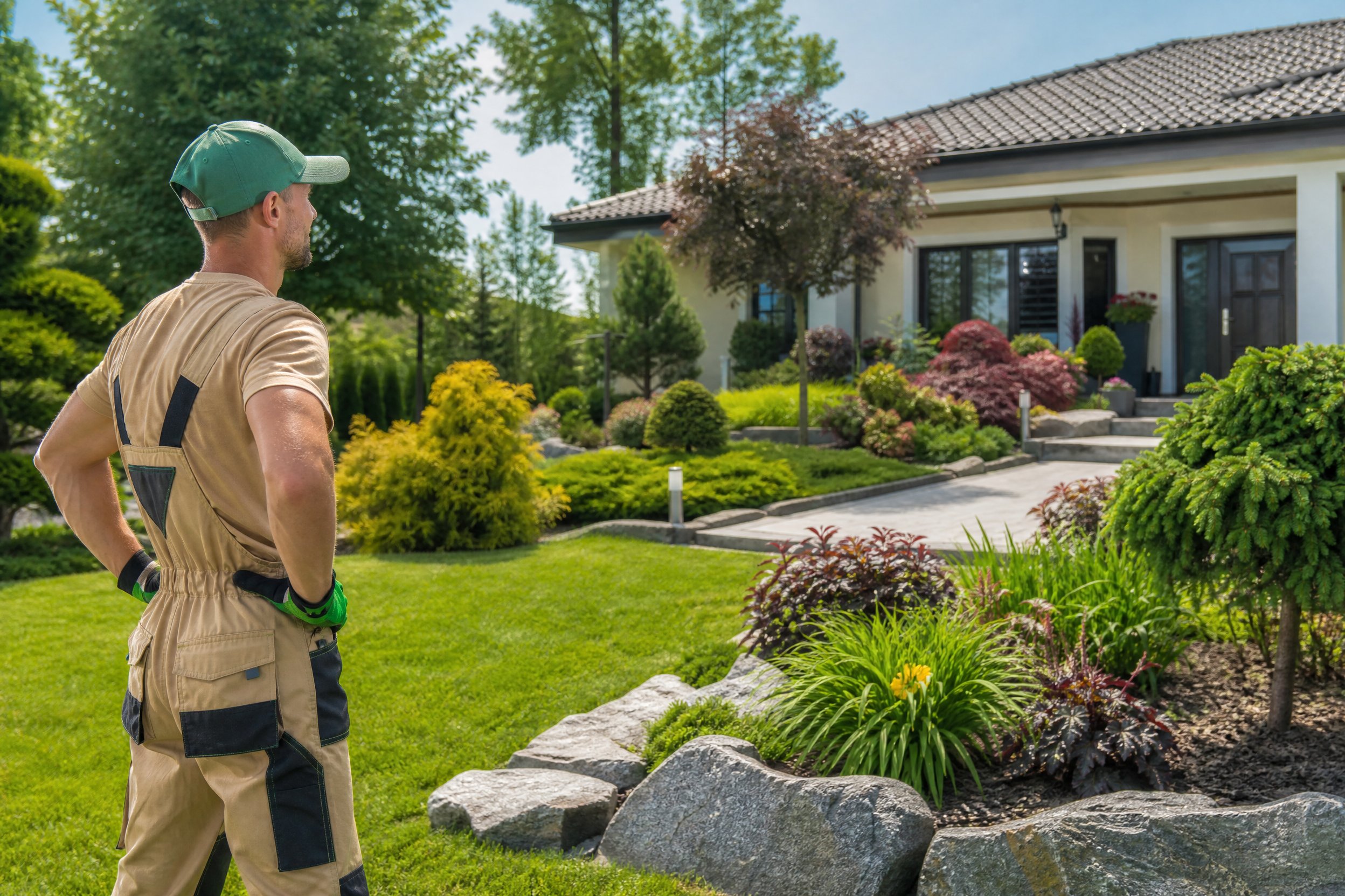 A stock photo of landscaping and home services jobs on summer, illustrating a worker with a satisfied and accomplished expression, surveying a completed landscaping project, in a beautifully transformed residential garden. Natural lighting, sharp details, clean composition, no text, no watermark.