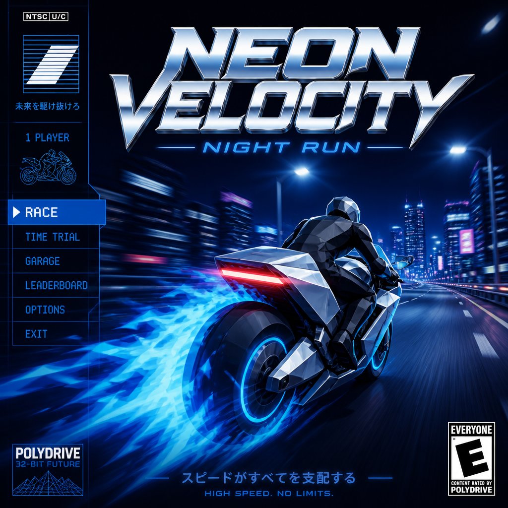 A retro low-poly racing game cover featuring a lone character riding a sleek, silver-white futuristic motorcycle, its angular design and neon accents illuminated by the soft glow of the night highway's streetlights. As the motorcycle accelerates, it's enveloped in a trail of blue flames that stretch and distort behind it, with the game's title emblazoned in bold, chrome letters at the top of the cover, accompanied by a minimalist side menu UI that adds a touch of nostalgic futurism to the overall design. The background is a deep, dark blue, with the highway's lanes and buildings blurring together in a streaked, high-speed haze.