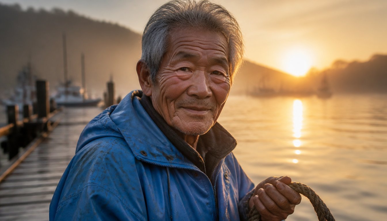 A photorealistic close-up portrait of an elderly Japanese fisherman with deep weathered wrinkles, kind eyes, and salt-grey hair, standing on a wooden dock at golden hour, gentle backlighting from a setting sun over a misty harbor, wearing a faded blue raincoat, holding a worn rope, soft cinematic depth of field, ultra-detailed skin texture, 85mm lens look, ambient warm light