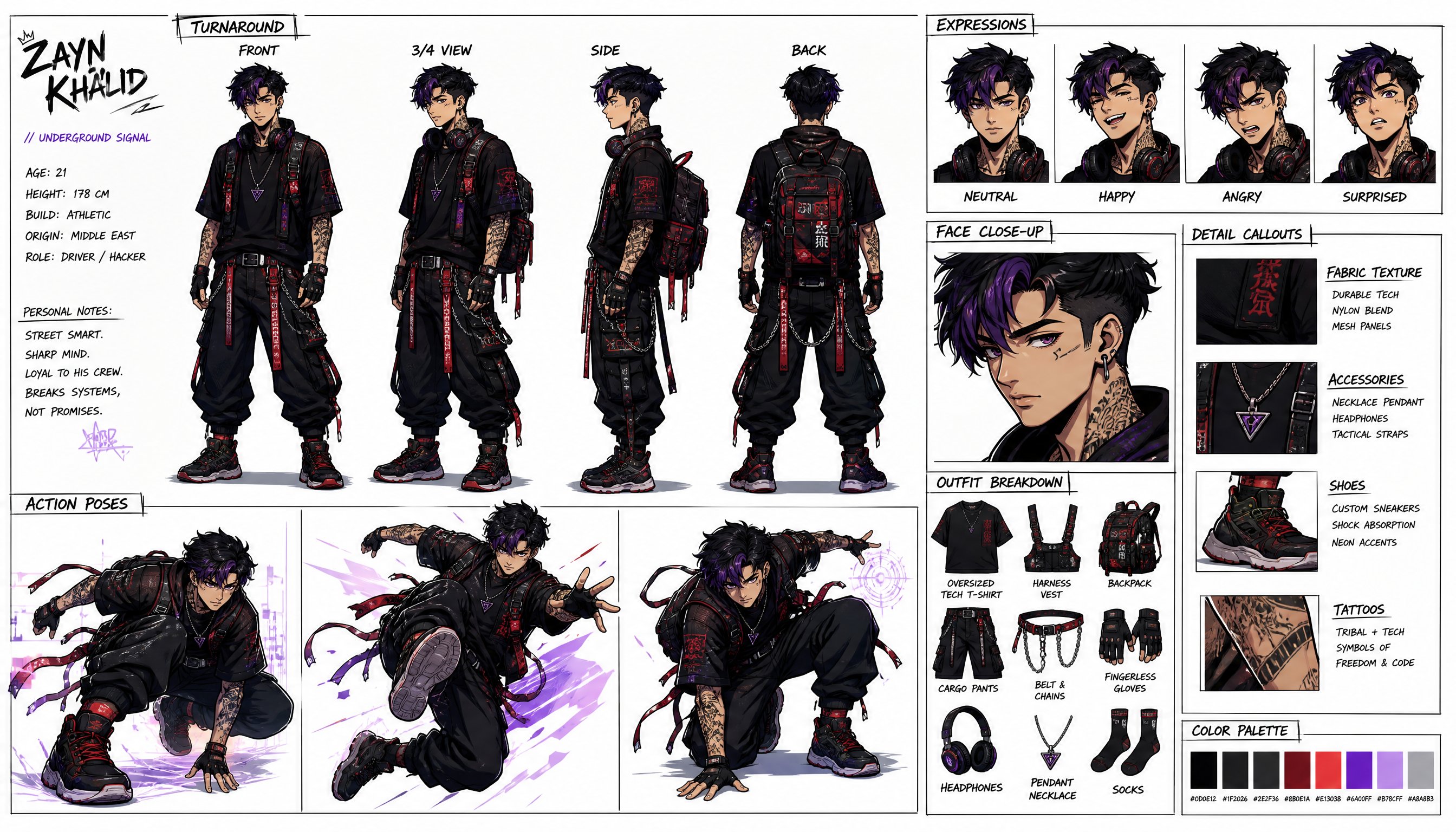 Style: anime character sheet, clean cel-shaded linework, manga-inspired. expressive confident ink linework, slight sketch texture and hatching. clean white neutral background. hand-written style labels and annotations with ink sketching.

CHARACTER:
male, young adult (19–25), average athletic build. middle eastern young boy, black and purple hair.

OUTFIT & STYLE:
Fashion: cyberpunk neon underground. Color palette: dark moody palette — black, charcoal, deep red, shadow tones. baggy streetwear outfit.

ACCESSORIES & PROPS:
pendant necklace, backpack, fingerless gloves, tattoos visible on arms and neck, headphones around neck.

SHEET LAYOUT:
— Turnaround: front view, 3/4 view, side view and back view — full character turnaround.
— Expressions: 4-expression facial panel — neutral, happy, angry, surprised.
— Action poses: 3 dynamic action poses shown at bottom of sheet.
— Detail callouts: detail callout zoom boxes with labels — fabric texture, accessories, shoes, face close-up.
— Outfit breakdown: outfit breakdown panel showing each clothing piece separately with text labels.
— Color swatches: color palette swatches in bottom corner with hex-style labels.

CONSISTENCY REQUIREMENTS:
All views show the exact same character — consistent face, proportions, clothing, and accessories across every angle. Same lighting logic across panels. No background scenes. Characters on sheet canvas only. Professional concept art quality. Ultra HD resolution. Every panel is clearly separated and labeled.

OPTIMIZED FOR: GPT Image 2 | Quality: ULTRA | Aspect ratio: 16:9