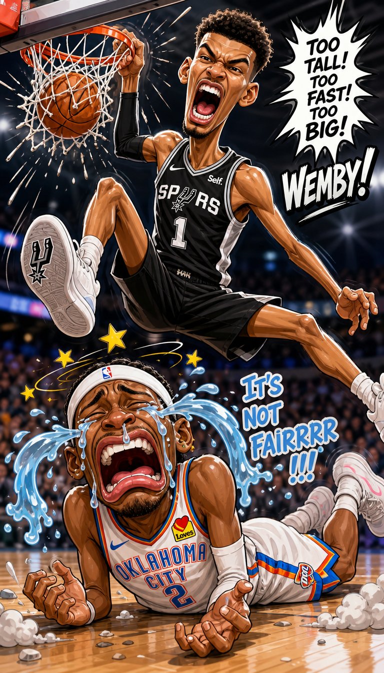 A caricature drawing of Wemby dunking on SGA, with exaggerated motion and emotion, as Wemby soars through the air with a powerful slam dunk expression, while SGA crumples to the ground below, flopping and crying in a comically exaggerated manner, with bold lines and vibrant colors emphasizing the humorous and dynamic scene. The background is a blurred basketball court, with the focus squarely on the two players' absurd and entertaining reactions.