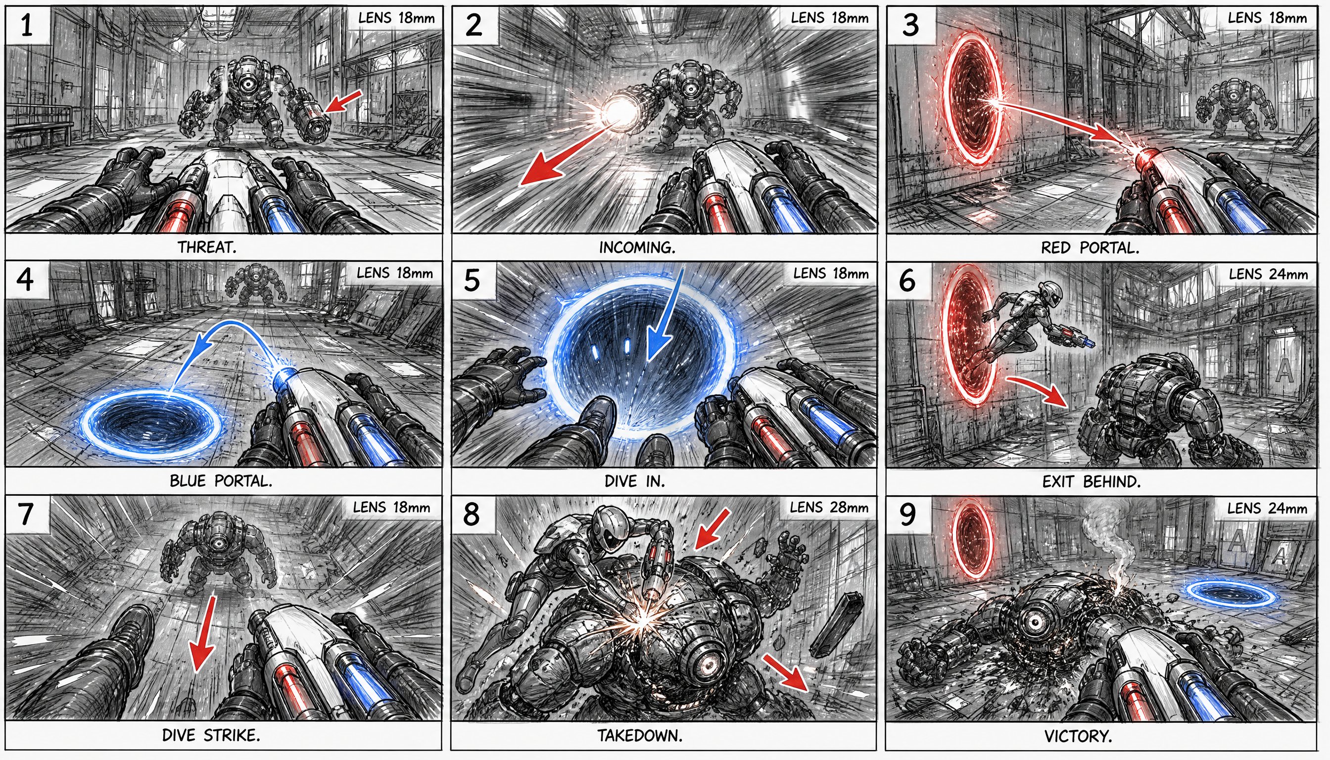A single 9-panel storyboard sheet, 3x3 grid, rough pencil-and-ink animation concept-art style, grayscale sketch with light blue and red director's annotation arrows. Each panel numbered 1-9 in the top-left corner, a lens label in the top-right, and a short caption under each panel. Hand-drawn cinematic FPS-action storyboard for a 15-second first-person portal-gun sequence. Dynamic linework, clear readable staging, strong sense of speed and space.
STYLE NOTE: mostly first-person POV with visible gloved hands holding a portal device at the bottom of frame; two panels (6 and 8) cut to third-person for spatial clarity.
CHARACTERS / PROPS (keep identical in every panel they appear):
- POV HERO: seen first-person — two gloved hands gripping an original sci-fi portal device (a sleek angular handheld emitter with glowing twin barrels, one red-lit and one blue-lit). In the third-person cut panels, a lean agile figure in a fitted armored bodysuit with a visor helmet. NOT based on any existing game character or branded device.
- ENEMY: an original hostile combat drone-brute — a bulky armored mechanical enemy with a single glowing eye-sensor, heavy weapon arms, menacing stance. Original design.
- PORTALS: a glowing RED ring-portal and a glowing BLUE ring-portal, each a swirling vertical oval of energy. Red and blue ONLY.
SETTING in every panel: a sleek derelict industrial test-facility — modular metal wall panels, catwalks, scattered debris, broken light strips, atmospheric haze, cold rim lighting.
Panel 1 (LENS 18mm) POV — THREAT: first-person, gloved hands raise the portal device into frame; across the room the enemy drone-brute powers up its weapon arm, glowing eye locking on. Red arrow on the enemy's charging weapon. Caption: THREAT.
Panel 2 (LENS 18mm) POV — INCOMING FIRE: first-person, the enemy fires; a blast streaks toward camera, the hands jerk the device up to react. Red arrow showing the incoming blast, motion blur. Caption: INCOMING.
Panel 3 (LENS 18mm) POV — RED PORTAL FIRED: first-person, the device's red barrel flashes and fires a bolt at the wall to the left; a glowing RED ring-portal blooms open on the wall. Red arrow from gun to wall. Caption: RED PORTAL.
Panel 4 (LENS 18mm) POV — BLUE PORTAL FIRED: first-person, the hands swing right; the blue barrel fires a bolt at the floor ahead; a glowing BLUE ring-portal blooms open on the floor. Blue arrow from gun to floor. Caption: BLUE PORTAL.
Panel 5 (LENS 18mm) POV — THE LEAP: first-person, the hands and gun lunge forward as the camera dives down toward the open BLUE floor-portal, edges of the glowing ring rushing past. Blue arrow plunging into the portal. Caption: DIVE IN.
Panel 6 (LENS 24mm) THIRD-PERSON — EXIT: cut to third-person, the hero bursts OUT of the RED wall-portal high above and behind the enemy, mid-air, twisting to aim downward. Red arrow showing the exit trajectory, motion smears. Caption: EXIT BEHIND.
Panel 7 (LENS 18mm) POV — DIVE ON TARGET: back to first-person, looking down past the gun and boots at the unaware enemy below, rushing up fast. Red arrow showing the dive direction, speed lines. Caption: DIVE STRIKE.
Panel 8 (LENS 28mm) THIRD-PERSON — IMPACT: cut to third-person, the hero slams down onto the enemy drone-brute from above, a bright impact burst, the enemy buckling, debris and sparks flying. Orange/white impact star, red arrows on the slam. Caption: TAKEDOWN.
Panel 9 (LENS 24mm) POV — STANDING OVER: first-person, looking down the gun at the defeated enemy sparking on the ground, the red and blue portals still glowing softly in the background, a wisp of smoke. Slow settle. Caption: VICTORY.
Consistent device, character, enemy, and environment design across all nine panels. Keep the RED and BLUE portal colors consistent. Storyboard sketch aesthetic, no color rendering except annotation arrows, no final-quality shading.