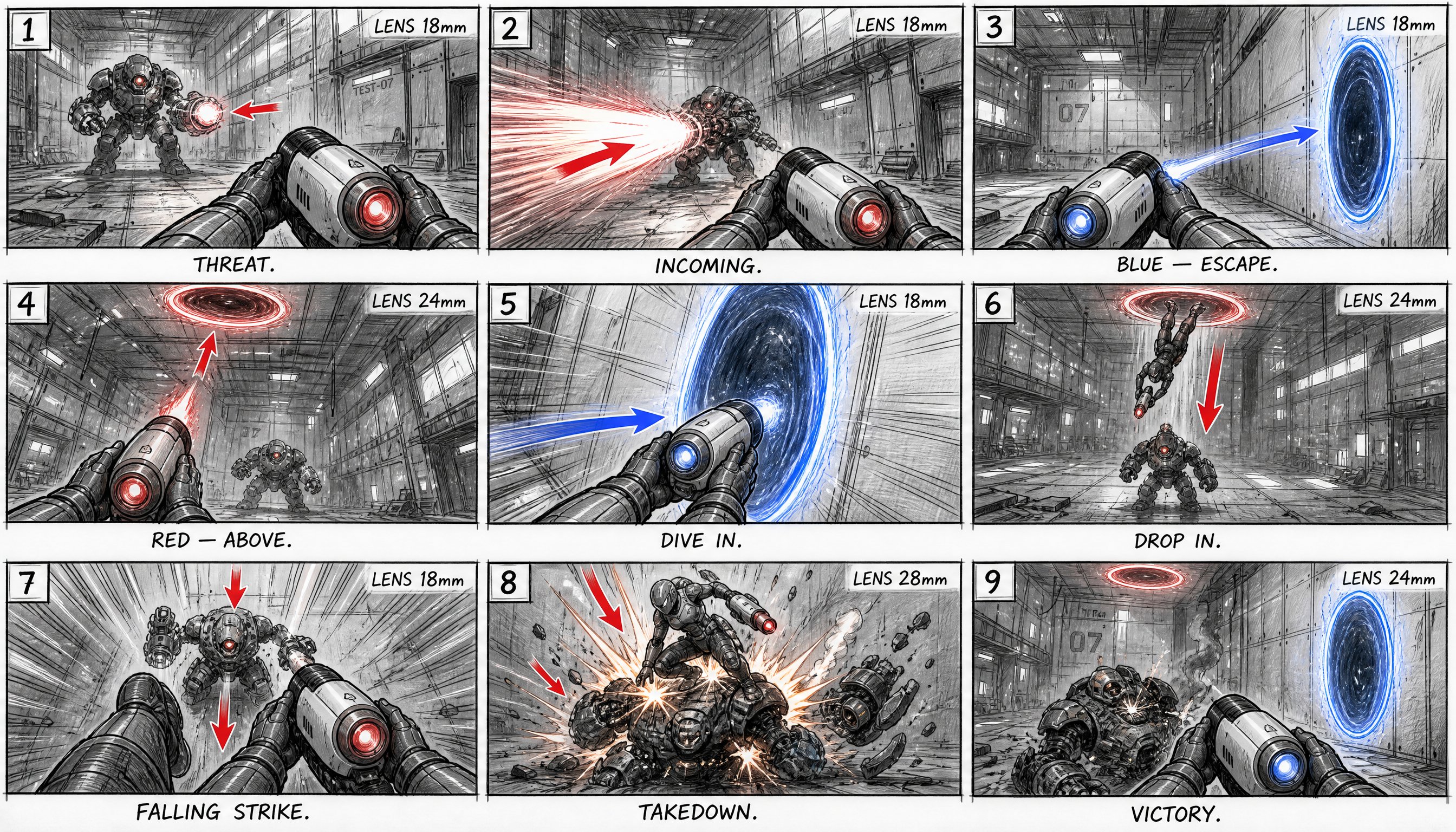 A single 9-panel storyboard sheet, 3x3 grid, rough pencil-and-ink animation concept-art style, grayscale sketch with light blue and red director's annotation arrows. Each panel numbered 1-9 in the top-left corner, a lens label in the top-right, and a short caption under each panel. Hand-drawn cinematic FPS-action storyboard for a 15-second first-person portal-gun sequence. Dynamic linework, clear readable staging, strong sense of speed and vertical space.
CRITICAL HAND/PROP RULE: in every first-person panel, show EXACTLY TWO gloved hands, both clearly gripping the single portal device. Never draw a third hand or extra limb. Keep the device design identical in every panel.
CHARACTERS / PROPS (keep identical in every panel they appear):
- POV HERO: seen first-person — two gloved hands holding an original sci-fi portal device: a compact sleek single-muzzle emitter with one glowing front barrel that glows RED or BLUE depending on which portal it is firing (not two barrels — one barrel that changes color). In the third-person cut panels, a lean agile figure in a fitted armored bodysuit with a visor helmet. NOT based on any existing game character or branded device.
- ENEMY: an original hostile combat drone-brute — a bulky armored mechanical enemy with a single glowing eye-sensor, heavy weapon arms, menacing stance. Original design.
- PORTALS: a glowing BLUE ring-portal (the entry) and a glowing RED ring-portal (the exit), each a swirling vertical/horizontal oval of energy. Red and blue ONLY.
SETTING in every panel: a sleek derelict industrial test-facility — modular metal wall panels, high ceiling with exposed girders, catwalks, scattered debris, broken light strips, atmospheric haze, cold rim lighting.
Panel 1 (LENS 18mm) POV — THREAT: first-person, two gloved hands raise the single-muzzle device into frame; across the room the enemy drone-brute powers up its weapon arm, glowing eye locking on. Red arrow on the enemy's charging weapon. Caption: THREAT.
Panel 2 (LENS 18mm) POV — INCOMING: first-person, the enemy fires; a blast streaks toward camera, the two hands jerk the device up to react. Red arrow showing the incoming blast, motion blur. Caption: INCOMING.
Panel 3 (LENS 18mm) POV — BLUE PORTAL BESIDE: first-person, the muzzle glows blue and fires at the wall immediately to the hero's right; a glowing BLUE entry-portal blooms open on the wall right beside him. Blue arrow from gun to the near wall. Caption: BLUE — ESCAPE.
Panel 4 (LENS 24mm) POV — RED PORTAL ABOVE ENEMY: first-person, the hands swing up; the muzzle glows red and fires at the CEILING directly above the distant enemy; a glowing RED exit-portal blooms open on the ceiling over the enemy's head. Red arrow from gun up to the ceiling above the enemy. Caption: RED — ABOVE.
Panel 5 (LENS 18mm) POV — DIVE IN: first-person, the hands and gun lunge sideways into the open BLUE wall-portal beside him, the glowing ring rushing past the camera. Blue arrow plunging sideways into the portal. Caption: DIVE IN.
Panel 6 (LENS 24mm) THIRD-PERSON — DROP FROM ABOVE: cut to third-person, the hero plummets OUT of the RED ceiling-portal high above, falling straight DOWN toward the unaware enemy below, gun aimed downward. Red arrow showing the downward fall, motion smears. Caption: DROP IN.
Panel 7 (LENS 18mm) POV — FALLING STRIKE: back to first-person, looking straight DOWN past the gun and boots at the enemy rushing up fast from below. Red arrow showing the downward dive, speed lines. Caption: FALLING STRIKE.
Panel 8 (LENS 28mm) THIRD-PERSON — TAKEDOWN: cut to third-person, the hero slams down onto the enemy drone-brute from directly above, a bright impact burst, the enemy buckling and collapsing, debris and sparks flying. Orange/white impact star, red arrows on the slam. Caption: TAKEDOWN.
Panel 9 (LENS 24mm) POV — STANDING OVER: first-person, two hands holding the device, looking down at the defeated enemy sparking on the ground; the blue portal still glows on the wall beside him, the red portal on the ceiling above, a wisp of smoke. Caption: VICTORY.
Consistent device, character, enemy, and environment design across all nine panels. Keep the BLUE entry-portal and RED exit-portal colors consistent. Storyboard sketch aesthetic, no color rendering except annotation arrows, no final-quality shading.