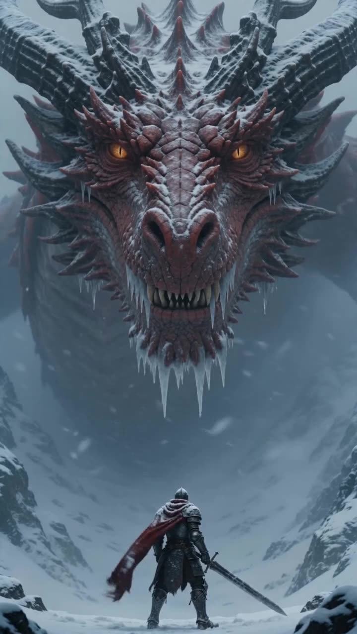 Massive red dragon head with snow-dusted crimson scales, enormous curved horns, and jagged icicles clinging to its lower jaw dominates the frame in a snowy mountain blizzard. The dragon's intense golden eyes fixate on the armored warrior below as it slowly lowers and extends its colossal head closer, jaws parting slightly in a deliberate, menacing motion. Icicles gently sway and drip from the dragon's chin with realistic weight and physics. The lone warrior stands firmly facing the dragon head-on, gripping his large sword tightly in both hands raised in a defensive guard stance, red cape whipping and snapping violently in the strong wind. Heavy snowflakes fall steadily around them, accumulating on armor, scales, and sword. Subtle weight shifts in the warrior's legs as he braces against the approaching threat; dragon's head movement is slow, powerful, and fluid with natural neck muscle flexing under scales. Close-up cinematic framing emphasizing the dragon's immense size relative to the man, with gradual forward camera push to heighten tension. Realistic fabric dynamics on the cape, lifelike creature facial and neck animation, natural snow particle settling, and smooth, deliberate pacing for an intense, lifelike confrontation. No smoke, frost breath, or vapor from the dragon.