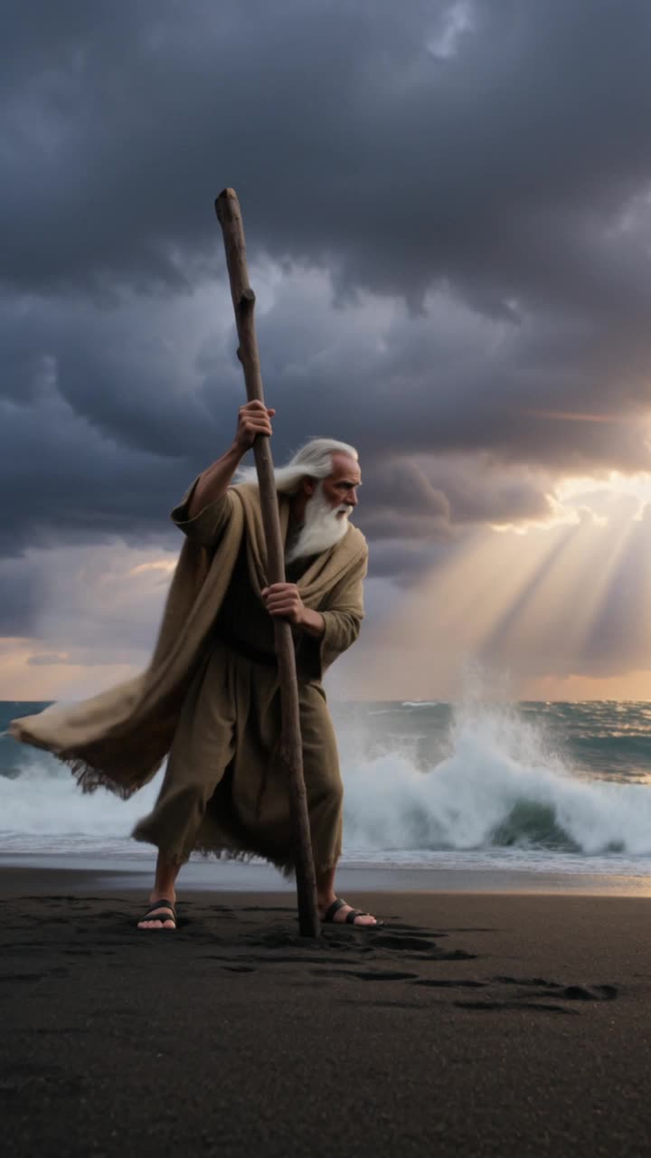 Character & Setup
A powerful, elderly Moses-like prophet exuding ancient divine authority. Long flowing white beard, a weathered face etched with wisdom and unshakeable conviction. Coarse tattered earth-toned desert robes whipping in the ocean wind over a worn linen mantle. Sandaled feet in wet dark sand. A massive gnarled wooden staff worn smooth by generations of use.
Environment
A rugged dark volcanic-sand shoreline facing a violently turbulent deep-blue ocean. Crashing waves send sea-spray misting through the air. The sky is apocalyptically stormy with dark anvil clouds in charcoal and bruised violet. Blinding volumetric "god rays" of golden sunlight pierce through cloud breaks, illuminating the mist in glowing gold.
Visual Style
Ultra-cinematic hyperrealism, IMAX scale, 35mm Panavision anamorphic lens. Flawless photorealistic fluid dynamics — every droplet, mist, and foam rendered precisely. High contrast between dark storm clouds, deep indigo sea, and warm golden sunlight. Monumental scale with subtle film grain, lens flares, and chromatic aberration on highlights.
Camera: One single unbroken continuous shot. No cuts. Starts low and frontal, tracks to the side, booms over the shoulder, pushes forward and pans upward into full aerial.
Timeline (12 seconds continuous)
0-4s: Wide low-right angle looking up at the prophet. Robes whip violently in the gale, sea-spray catching the god-rays. Camera tracks to his right side, tightening on his grip. Eyes fixed on the horizon, he raises the staff and drives it violently into the wet sand. A booming subsonic thud reverberates through the camera.
4-8s: Camera cranes up behind his shoulder looking out over the churning ocean. With a thunderous roar, the sea tears down the middle. Millions of tons of water explode upward forming two colossal sheer vertical walls hundreds of feet high, alive with cascading waterfalls and mist.
8-10s: Camera pushes forward over the prophet. Between the towering walls, a perfectly dry sand path is revealed stretching to the horizon. God-rays flood the trench illuminating swirling mist and gleaming sand. Camera ascends revealing a breathtaking aerial view of the vast trench with walls of water on both sides reaching toward the stormy heavens.