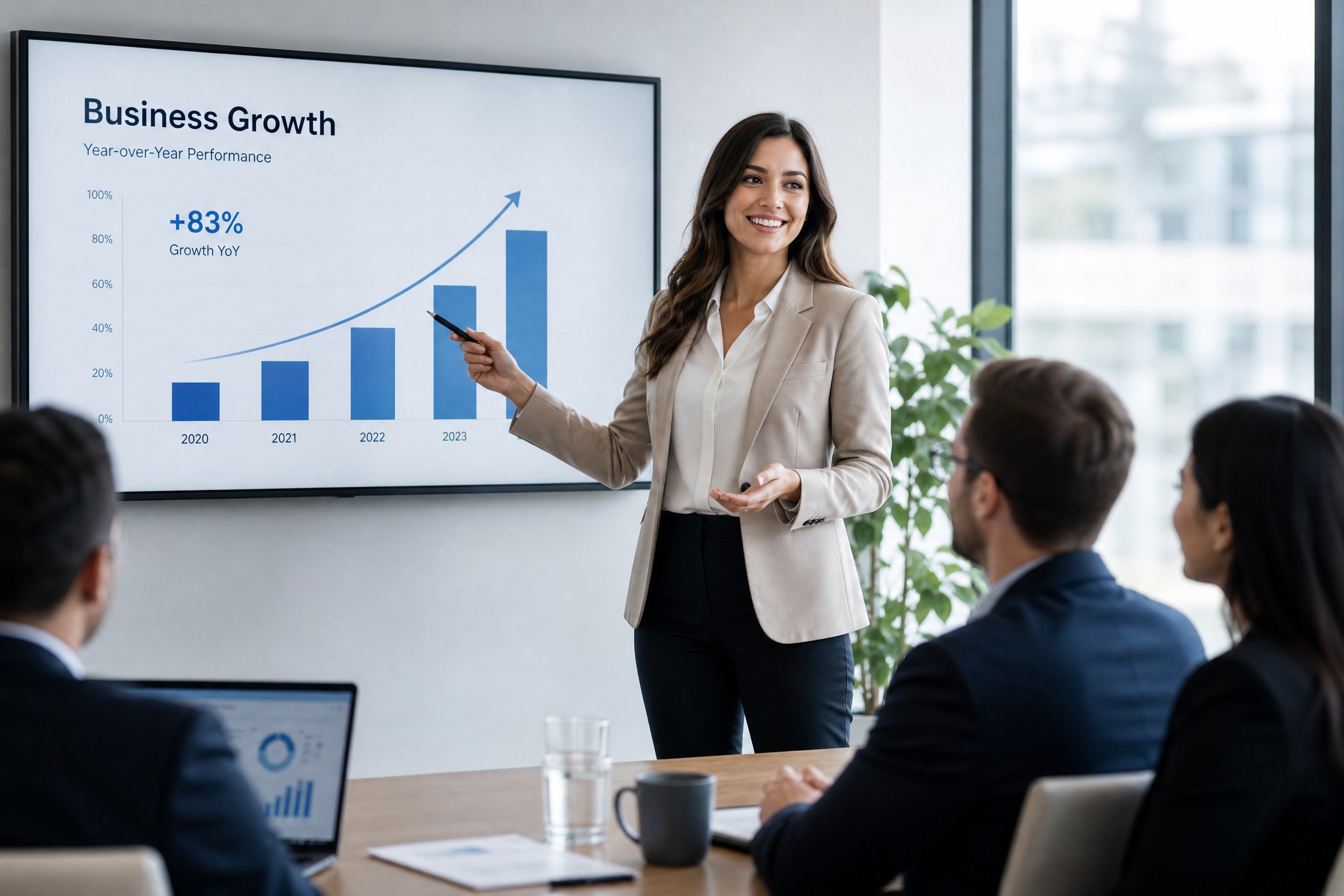 A professional woman smiling while presenting a growth chart in a modern meeting room, natural lighting, corporate photography style