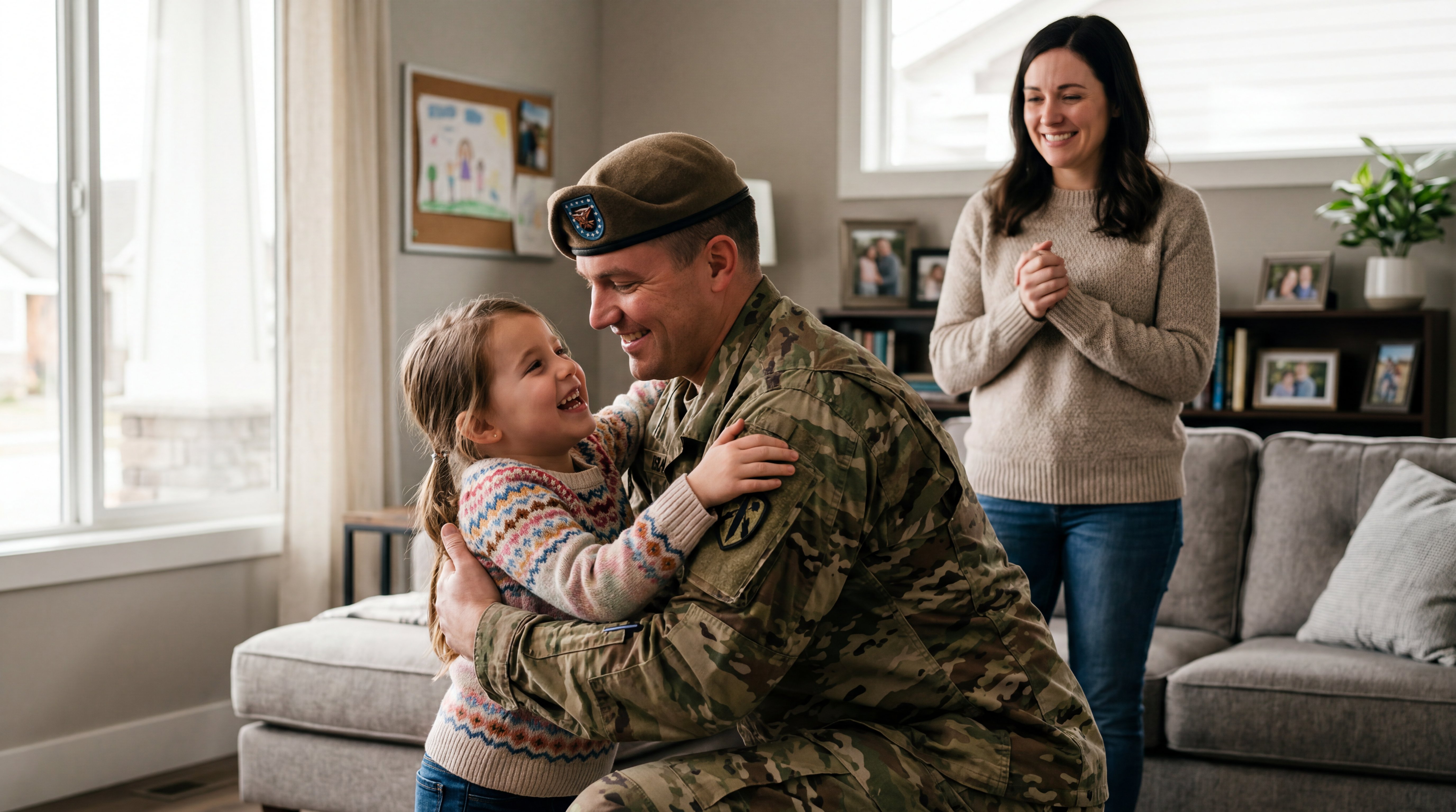 Professional commercial stock photo of a soldier in camouflage uniform hugging his laughing young daughter in a modern living room. Smiling mother in background. Heartwarming family reunion, realistic textures, cinematic natural lighting, high resolution.
